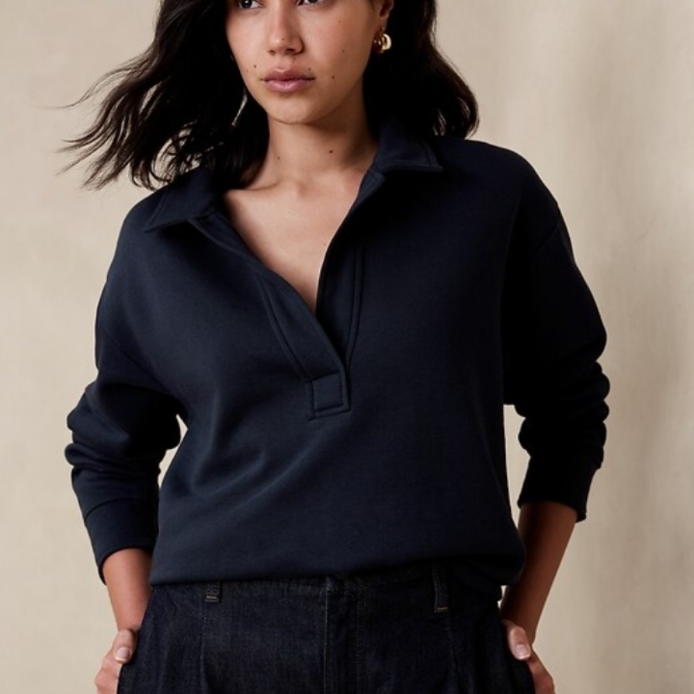 Banana Republic Fleece Johnny Collar Sweatshirt Navy Blue Relaxed Fit‎ Small